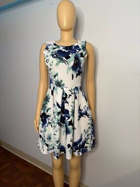 WFloral Fit-and-Flare Women's Dress in White and Blue
